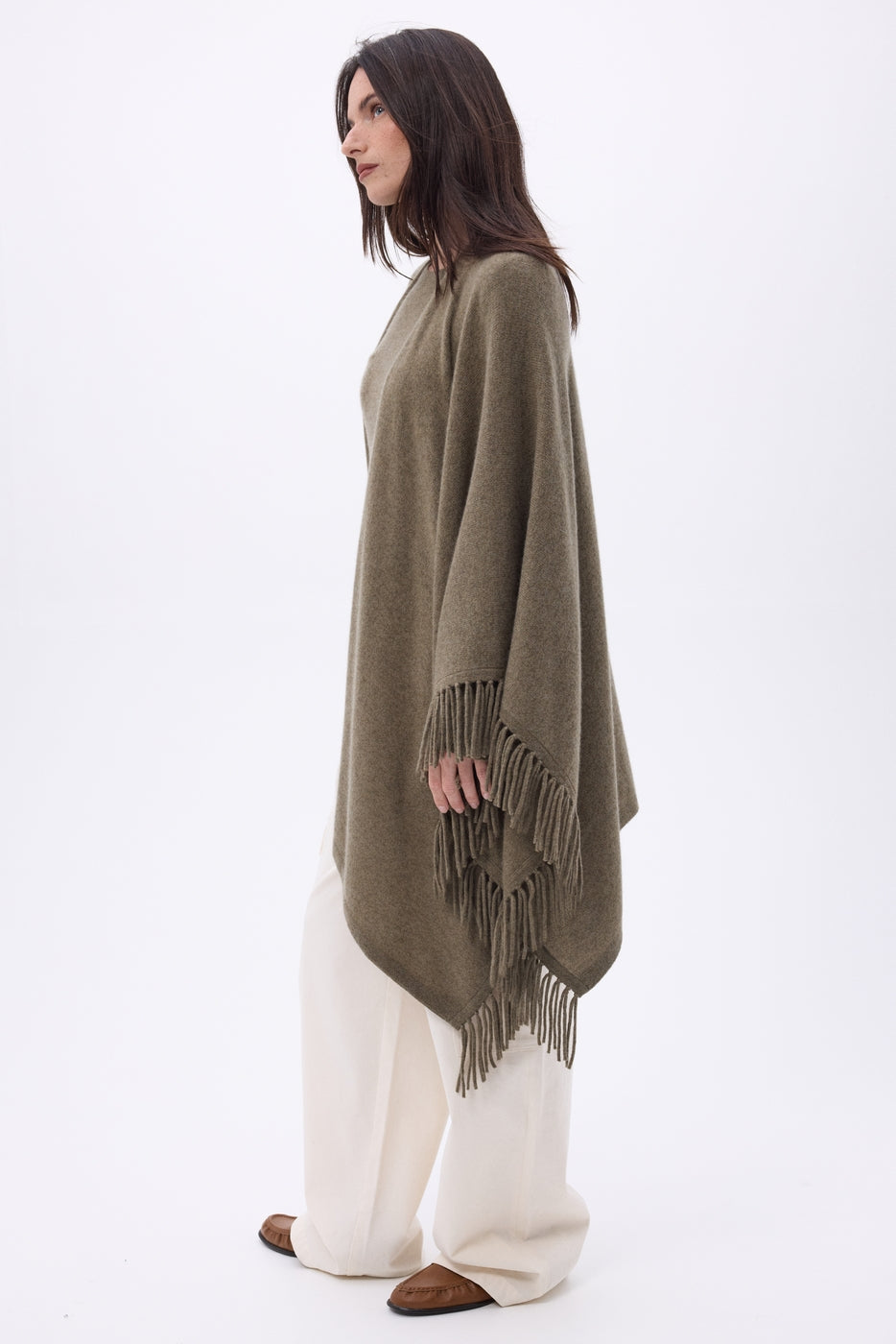 Ponche À Franges Equinoxe - Khaki Chine - Femme - 100% Cachemire