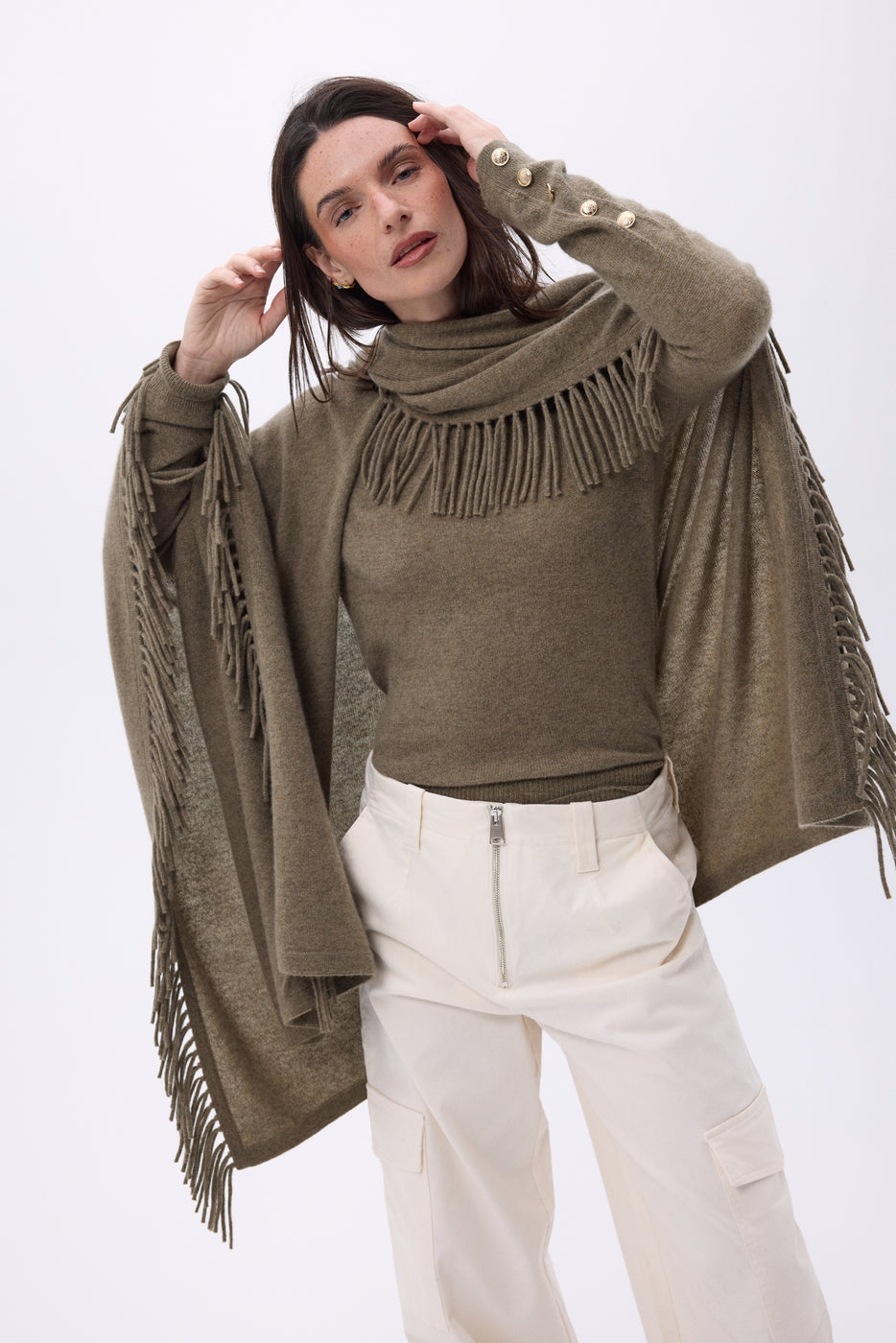 Ponche À Franges Equinoxe - Khaki Chine - Femme - 100% Cachemire