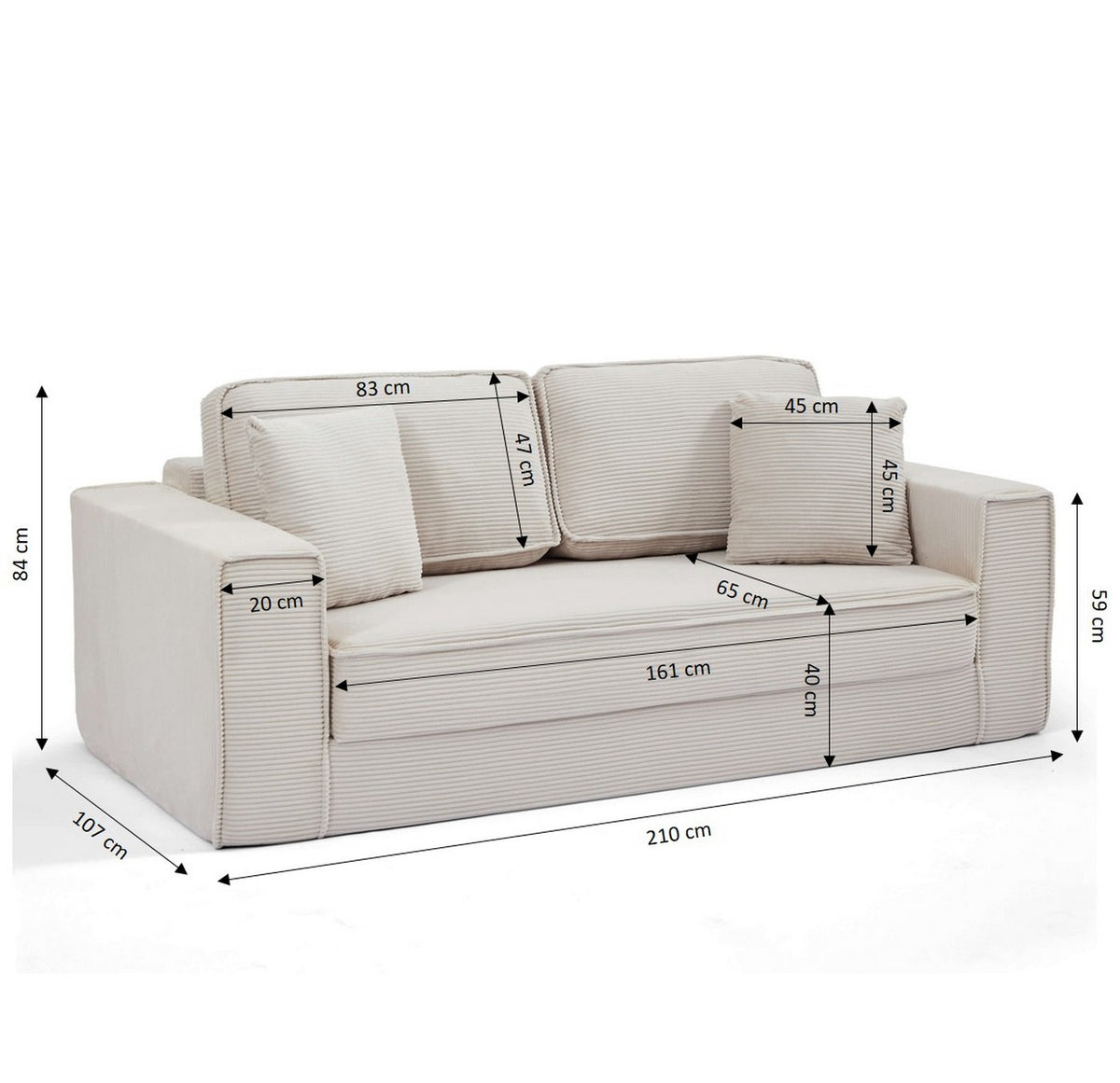 Erebus - Canapé Droit Compressé Et Convertible Déplimousse 3 Places - Velours Côtelé - Beige