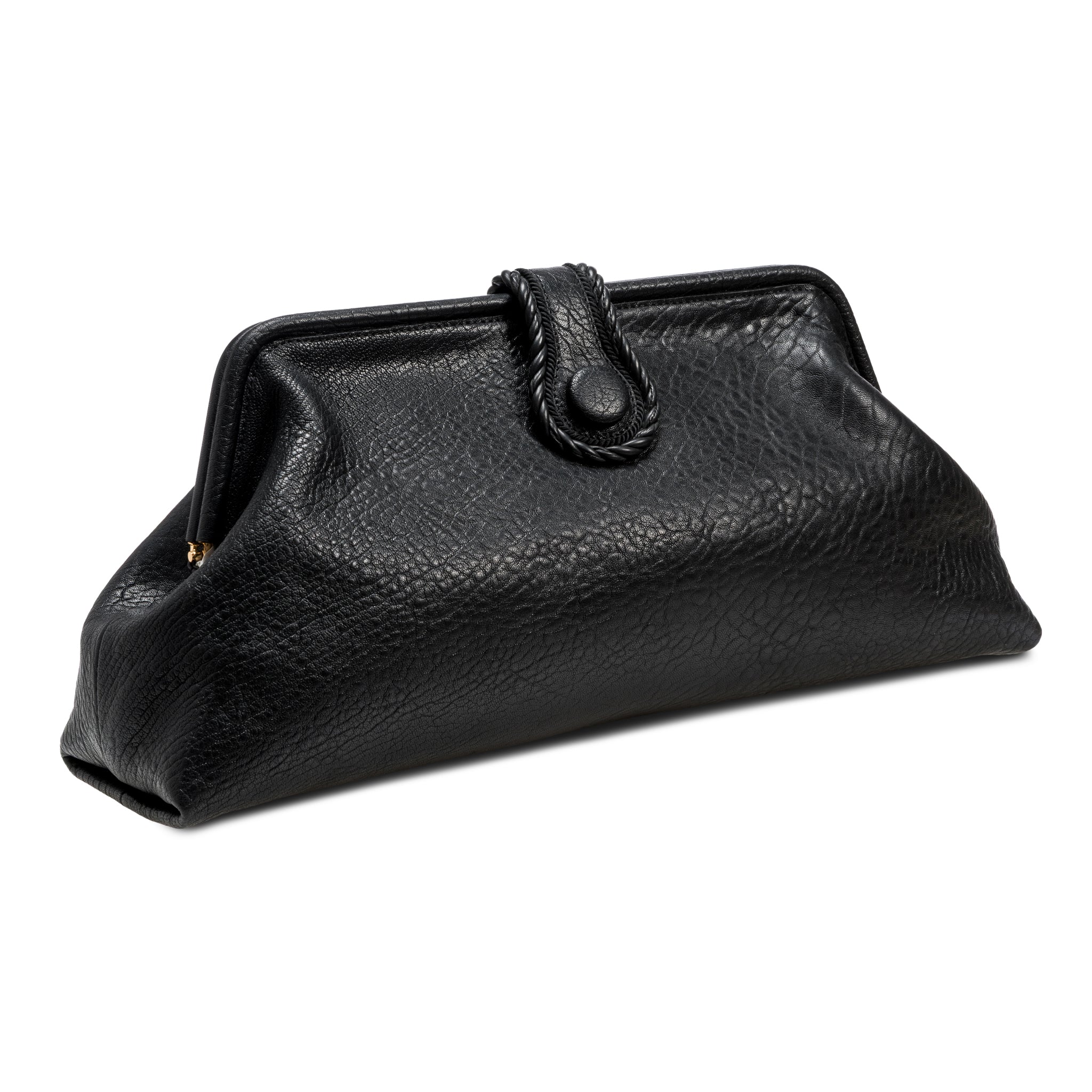 Black leather handbag with a rope closure on a white background
