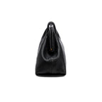 Black leather handbag with a rope closure on a white background