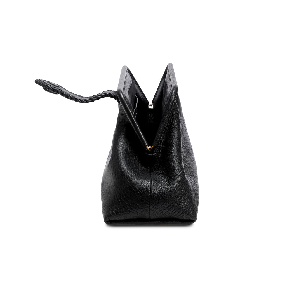 Black leather handbag with an open rope closure on a white background