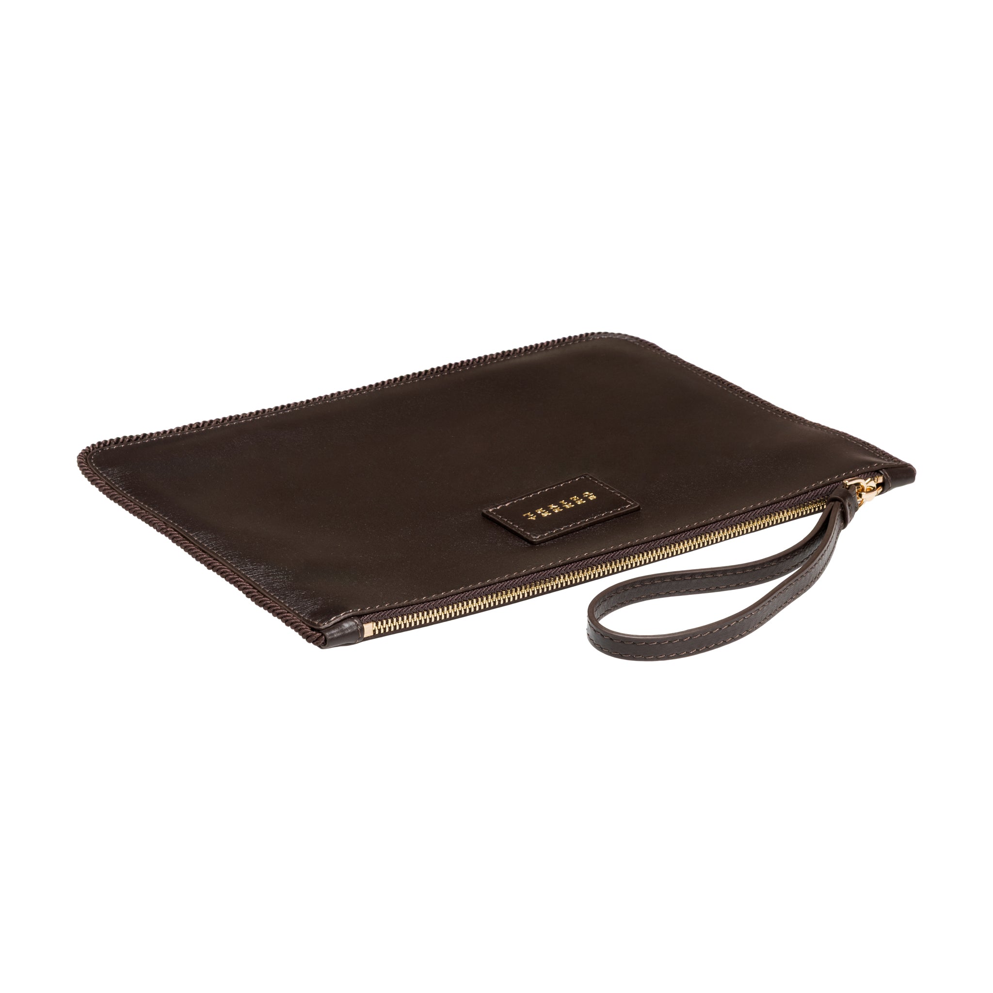 Dark brown leather inner bag  with gold zipper on a white background