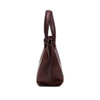 Burgundy leather in a shade of dark cherry tote bag with rope handles on a white background, shown from the side.