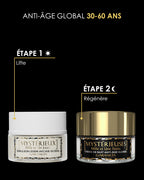 Pasos de la rutina antiedad global de Garancia para 30-60 años: Paso 1 Día con la emulsión lifting Mystérieux Mille et Un Jours, y Paso 2 Noche con la crema regeneradora Mystérieuses Mille et Une Nuits.