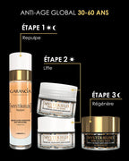 Laboratoire Garancia Anti-Âge & Anti-Rides MYSTÉRIEUX Repulpant. Routine anti-âge global Garancia 30-60 ans en 3 étapes : Étape 1 Sérum Mystérieux Repulpant, Étape 2 Crème ou Émulsion Mystérieux Mille et Un Jours, Étape 3 Crème de nuit Mystérieuses Mille et Une Nuits.