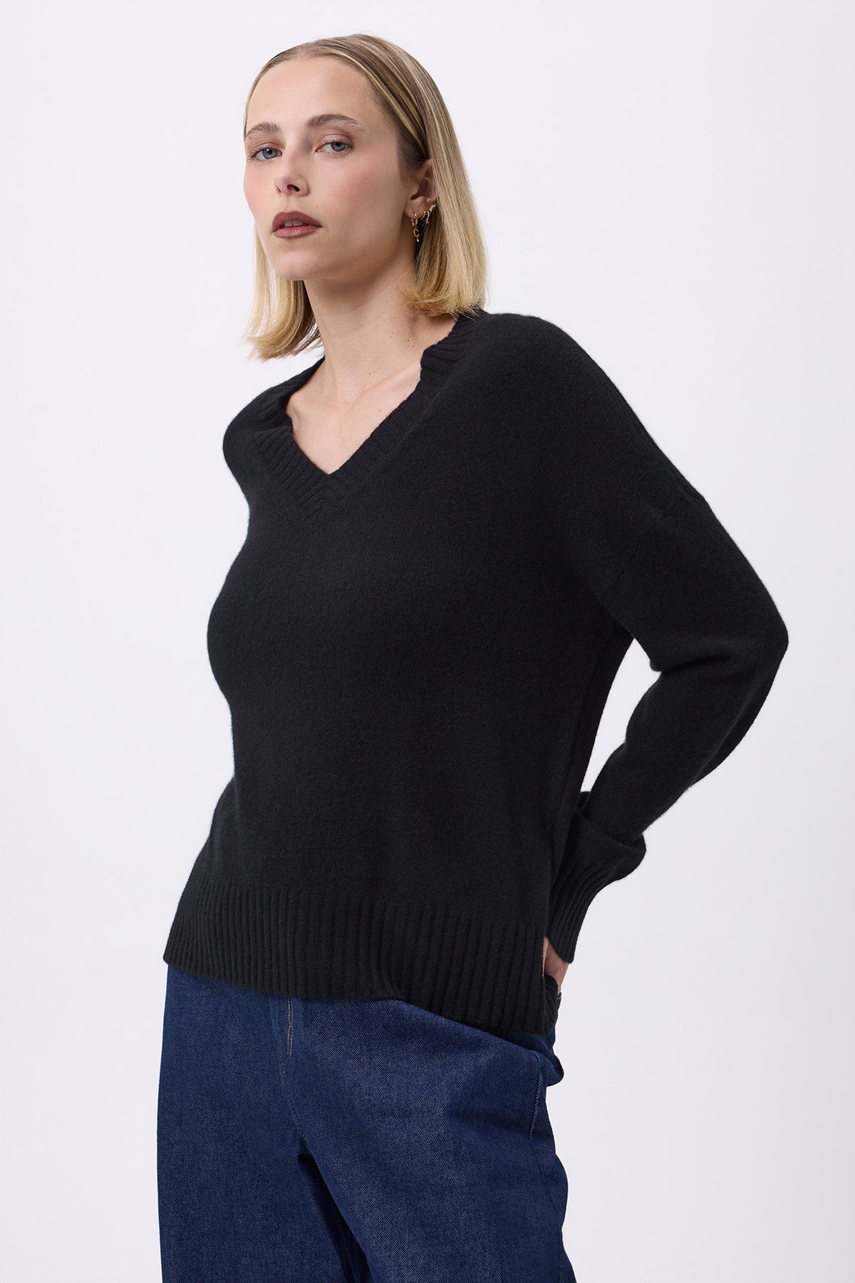 Pull Oversize Col V Gros Rib F Everyday - Noir - Femme