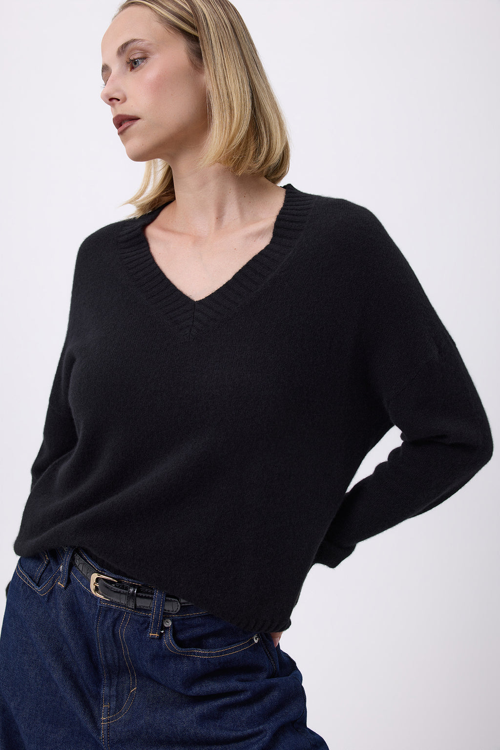 Pull Oversize Col V Gros Rib F Everyday - Noir - Femme