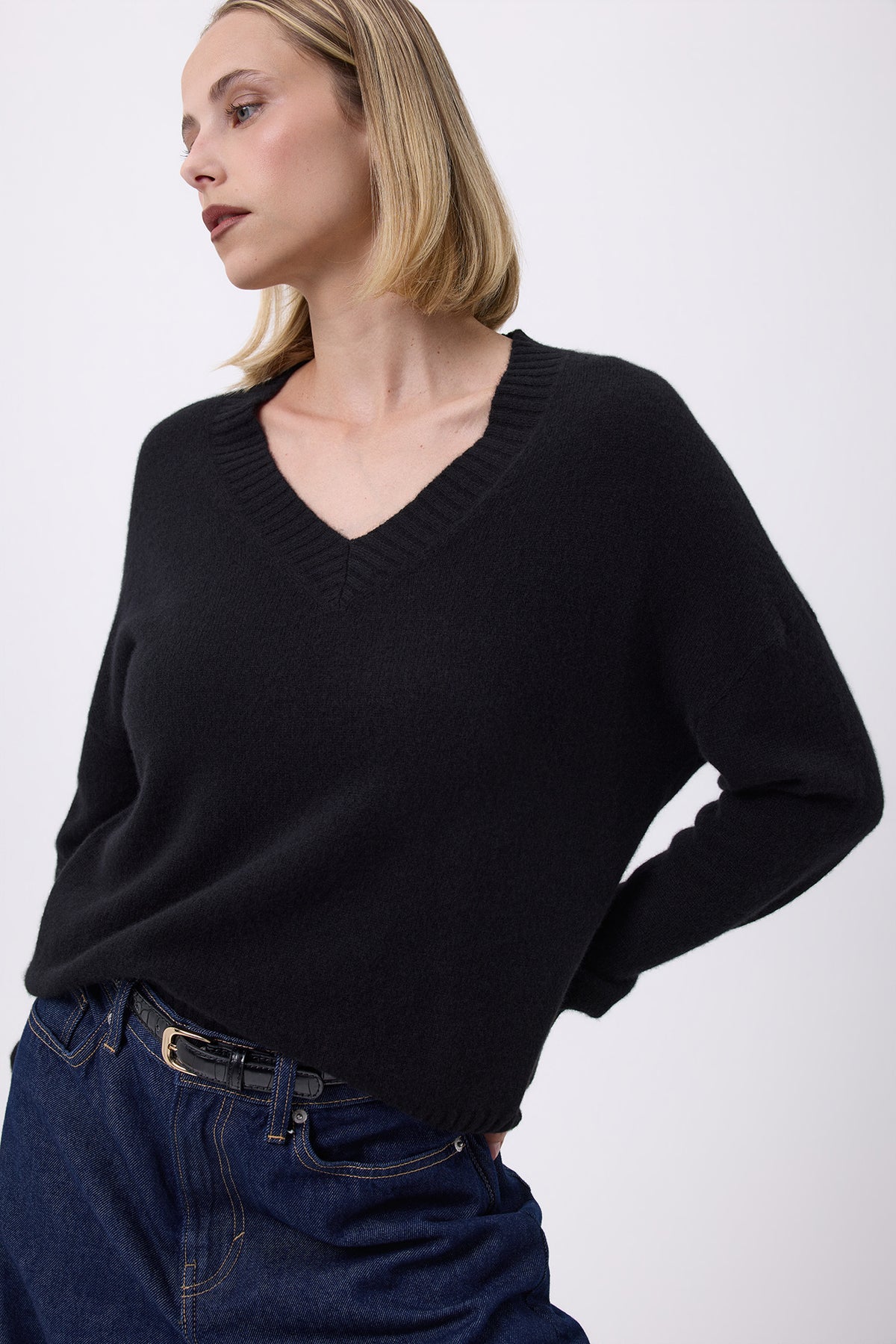 Pull Oversize Col V Gros Rib F Everyday - Noir - Femme