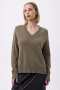 Oversized V-Neck Chunky Rib Everyday Jumper - Khaki Green - Women