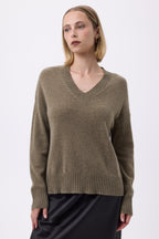 Oversized V-Neck Chunky Rib Everyday Jumper - Khaki Green - Women