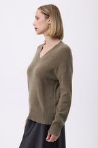 Oversized V-Neck Chunky Rib Everyday Jumper - Khaki Green - Women