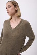 Oversized V-Neck Chunky Rib Everyday Jumper - Khaki Green - Women