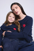Rundhalspullover Mit Herz Und Pompon Evy – Marineblau Rot – Kinder – 100 % Kaschmir