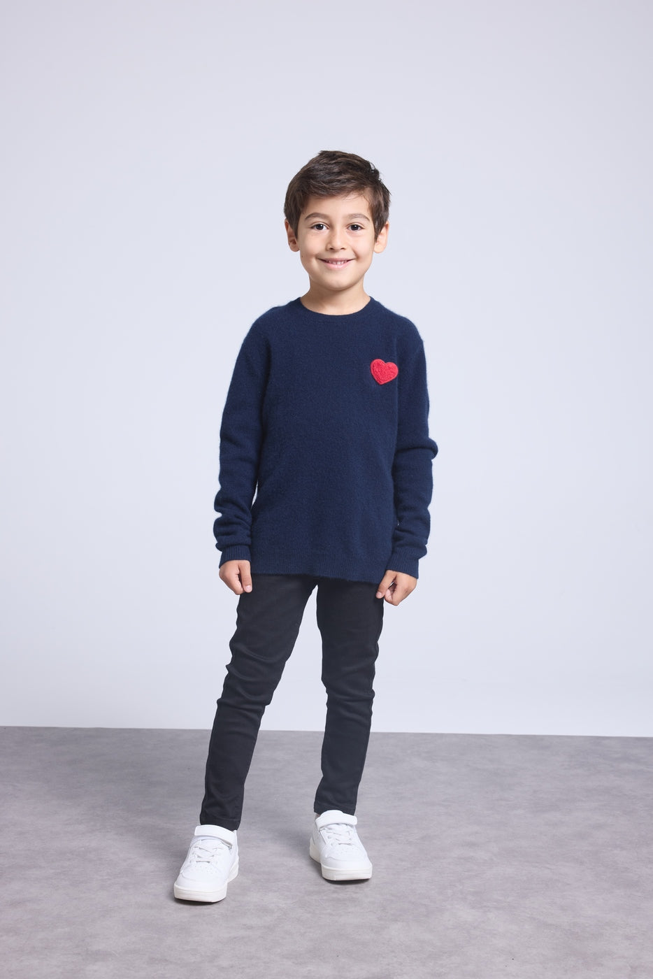 Rundhalspullover Mit Herz Und Pompon Evy – Marineblau Rot – Kinder – 100 % Kaschmir