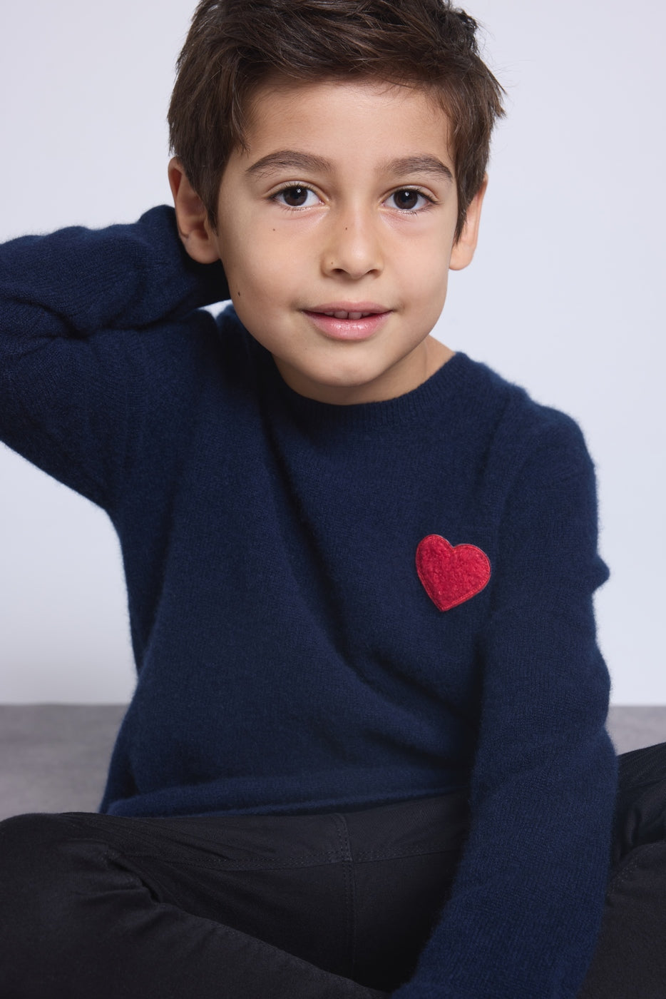 Rundhalspullover Mit Herz Und Pompon Evy – Marineblau Rot – Kinder – 100 % Kaschmir