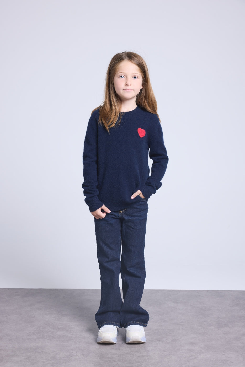 Rundhalspullover Mit Herz Und Pompon Evy – Marineblau Rot – Kinder – 100 % Kaschmir