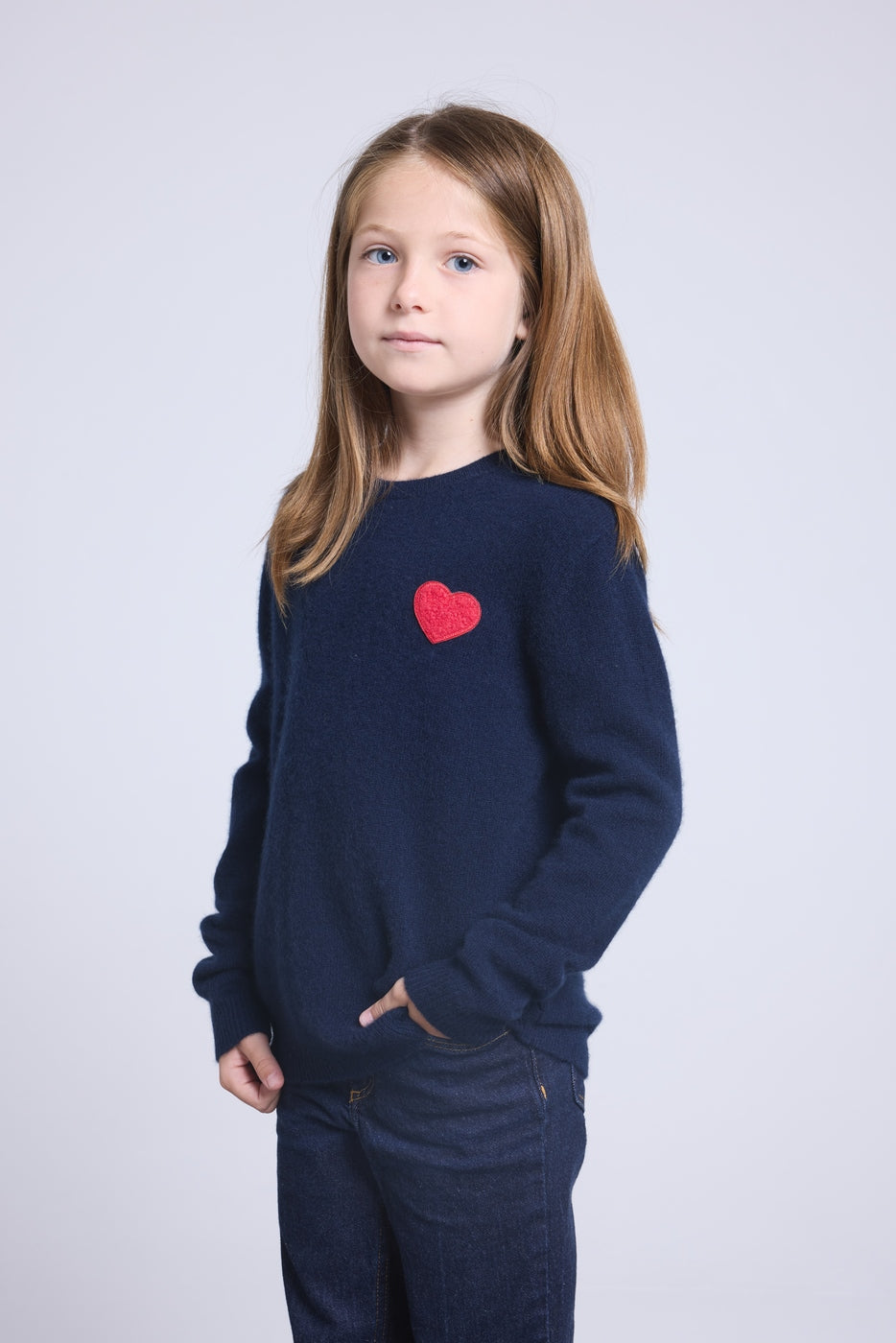 Rundhalspullover Mit Herz Und Pompon Evy – Marineblau Rot – Kinder – 100 % Kaschmir