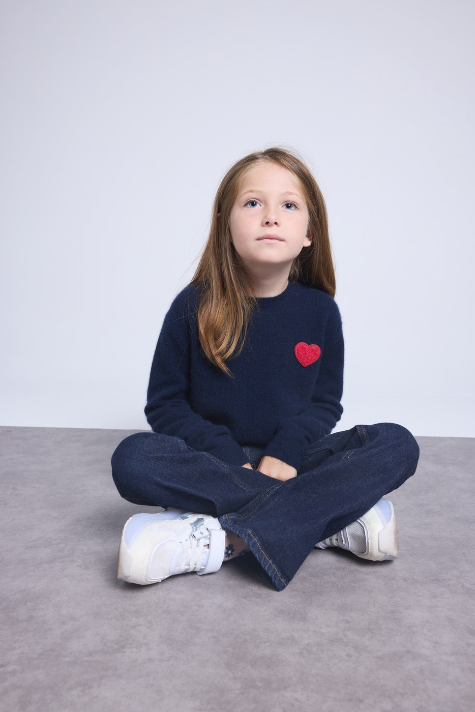 Rundhalspullover Mit Herz Und Pompon Evy – Marineblau Rot – Kinder – 100 % Kaschmir