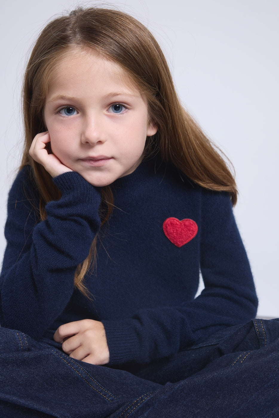 Rundhalspullover Mit Herz Und Pompon Evy – Marineblau Rot – Kinder – 100 % Kaschmir