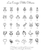 Animales y objetos adorables en blanco y negro (osito, conejo, robot, cohete, globo, guitarra, dragón, unicornio, elefante, panda, corazón), motivos variados del set Léon el plato Papillon.