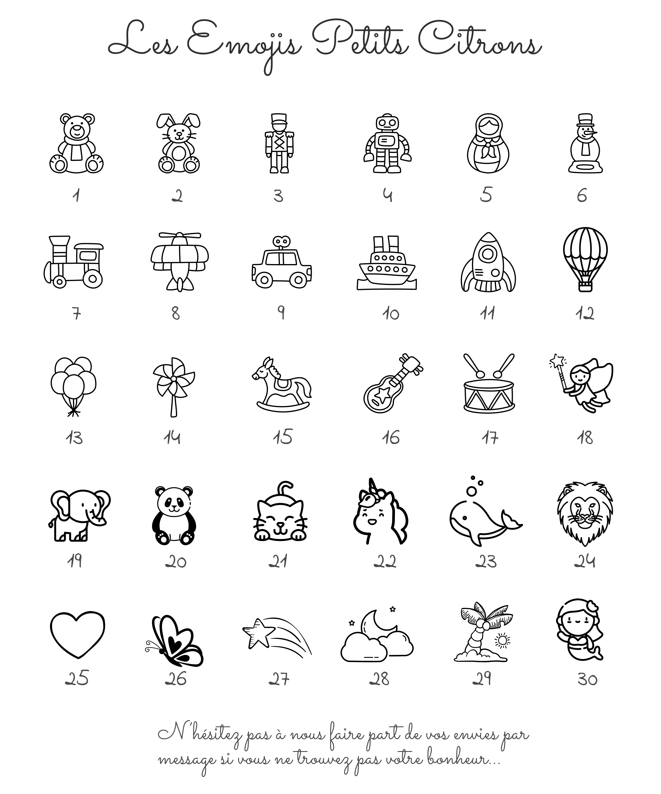 Animales y objetos adorables en blanco y negro (osito, conejo, robot, cohete, globo, guitarra, dragón, unicornio, elefante, panda, corazón), motivos variados del set Léon el plato Papillon.