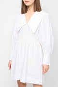 Smocked V-Neck Mini Dress in Cotton Poplin - Bright White