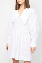 Smocked V-Neck Mini Dress in Cotton Poplin - Bright White
