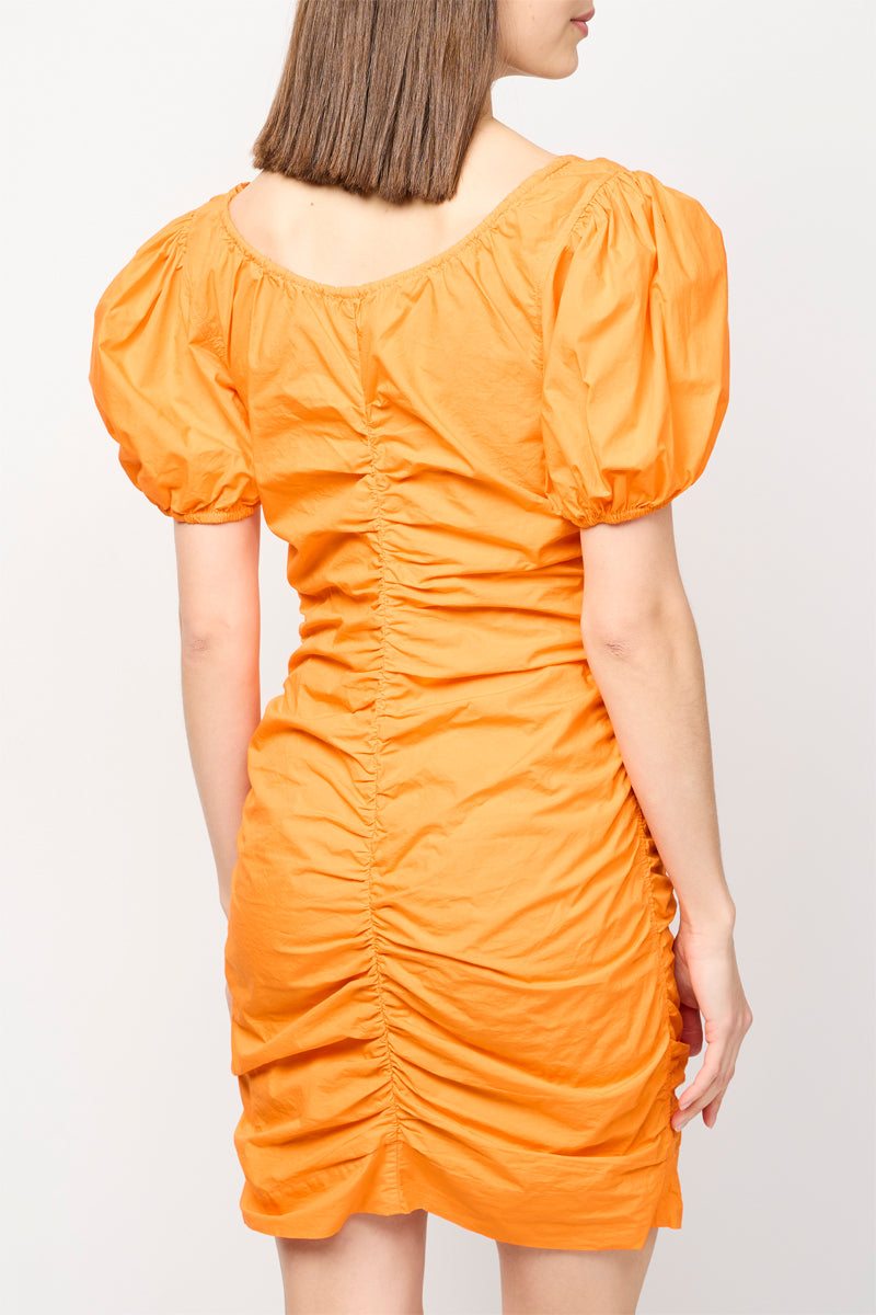 Ganni - Minivestido fruncido de popelina de algodón con cuello en U - Naranja vibrante