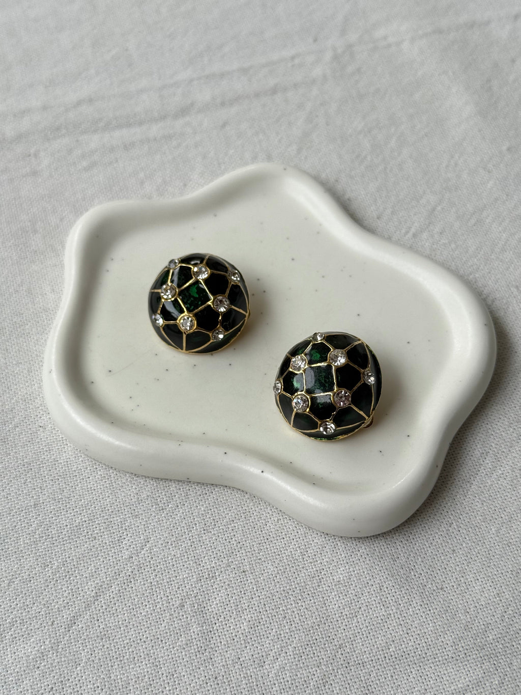 Vintage Earrings - Green Enamel And Rhinestones