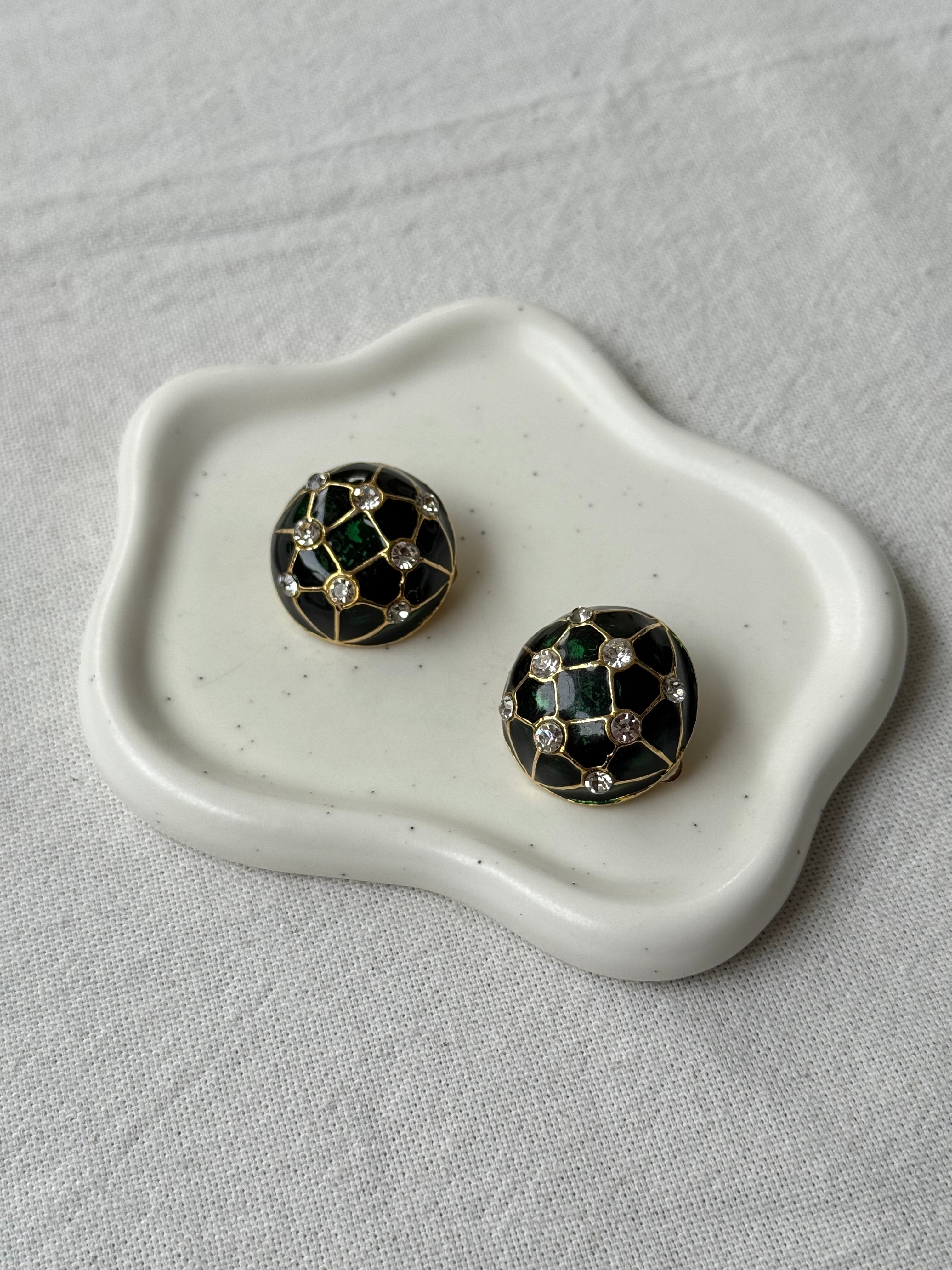 Vintage Earrings - Green Enamel And Rhinestones