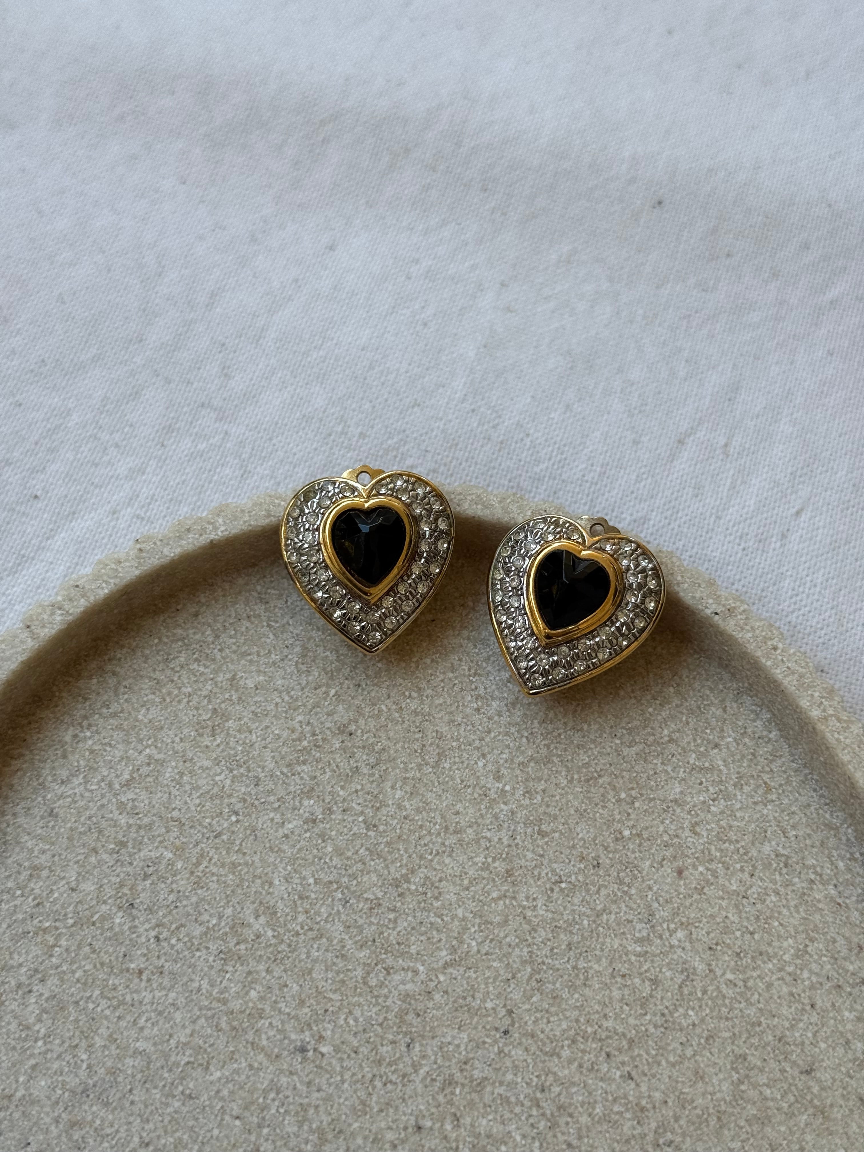 Vintage Earrings - Rhinestone Hearts And Black Cabochon