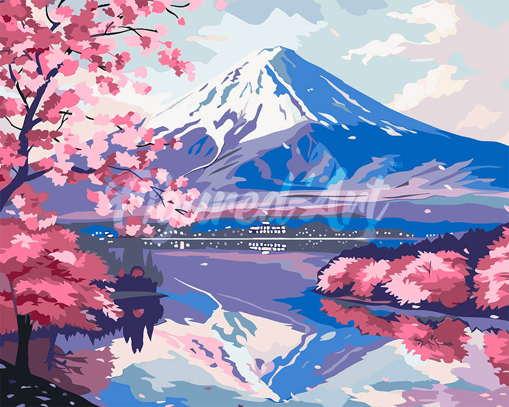 Pintura por números - Monte Fuji y lago de los cerezos en flor