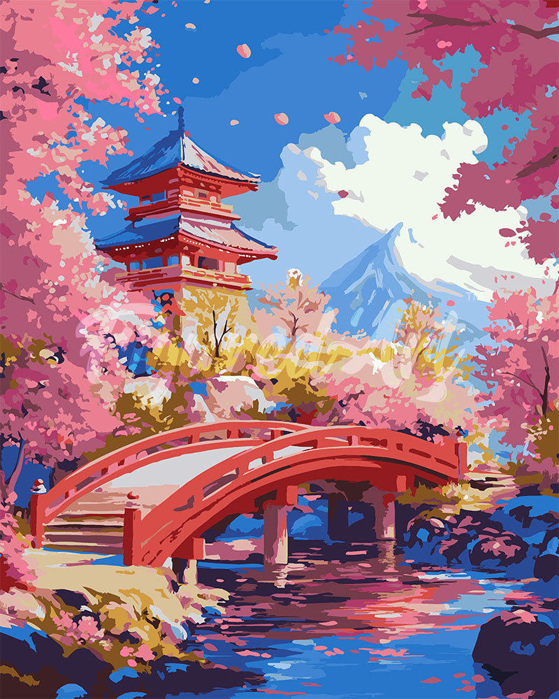 Paint by Numbers - Red Bridge and Cherry Blossoms