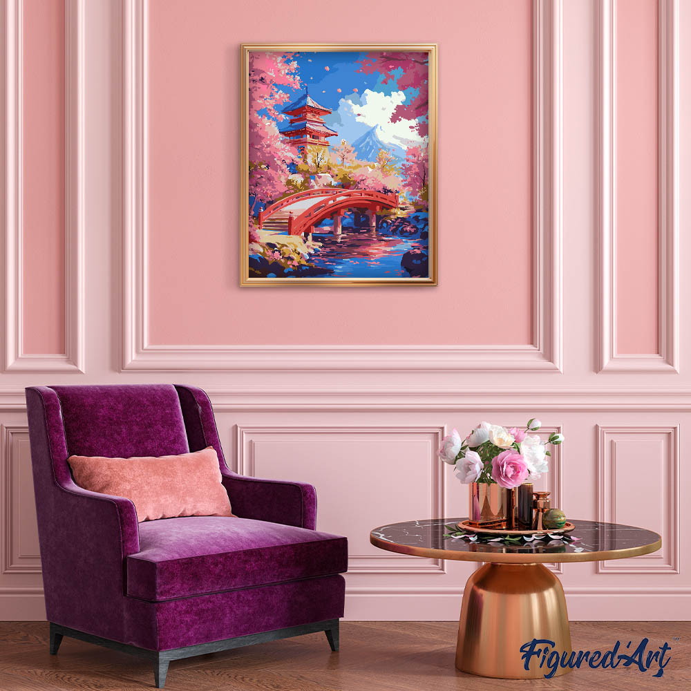 Paint by Numbers - Red Bridge and Cherry Blossoms