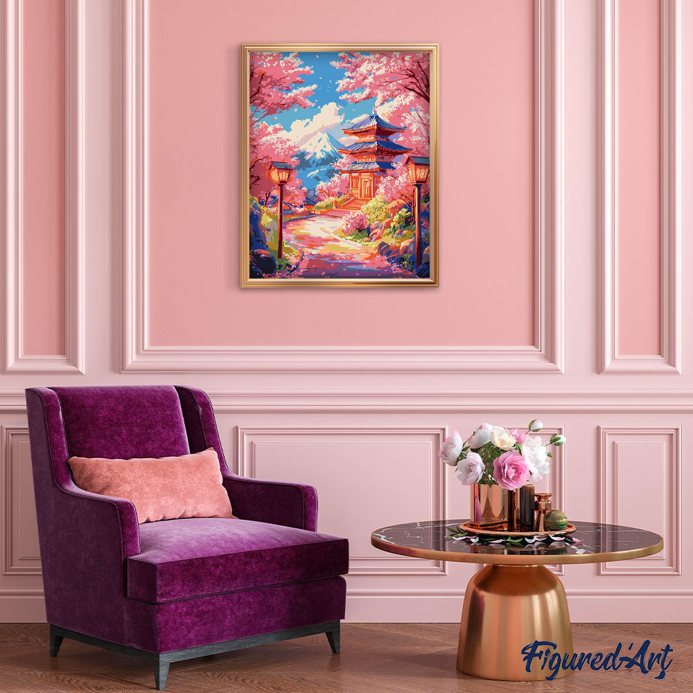 Pintura por números - Camino de los cerezos en flor hacia la pagoda