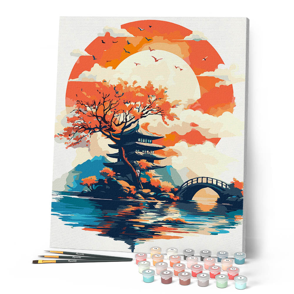 Pintura por números - Pagoda bajo el sol naciente