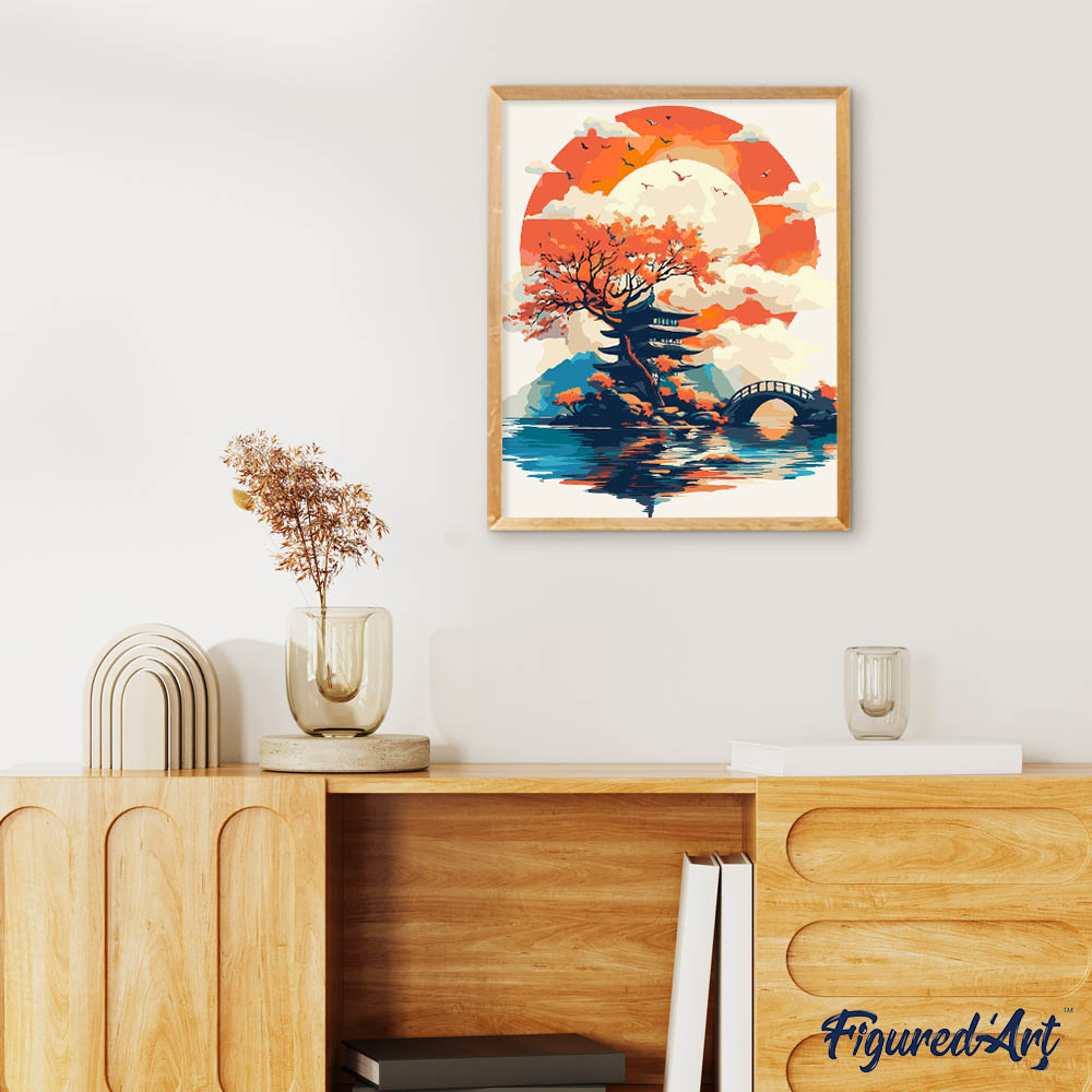 Pintura por números - Pagoda bajo el sol naciente
