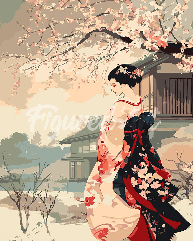 Pintura por números - Escena vintage de una geisha en invierno