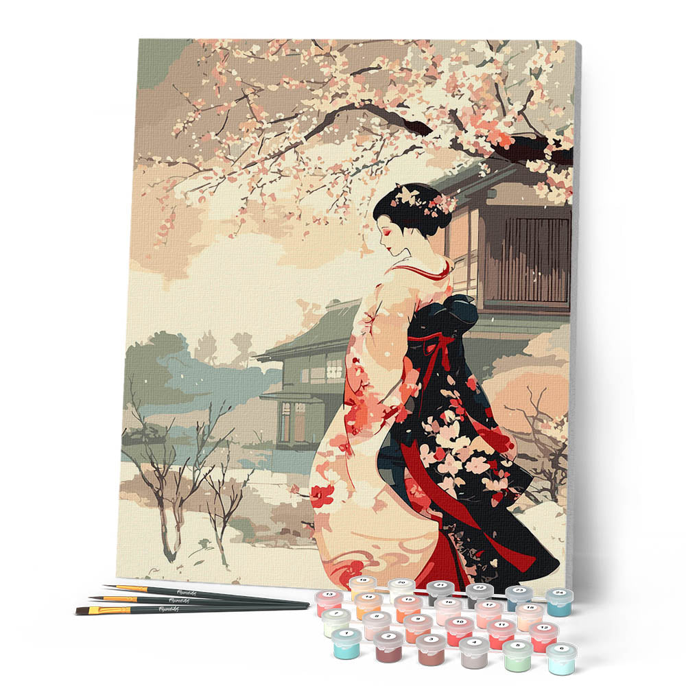 Pintura por números - Escena vintage de una geisha en invierno
