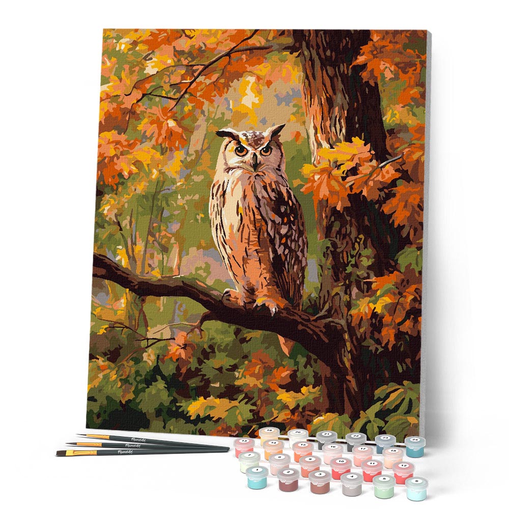 Pintura por números - Búho entre las hojas doradas