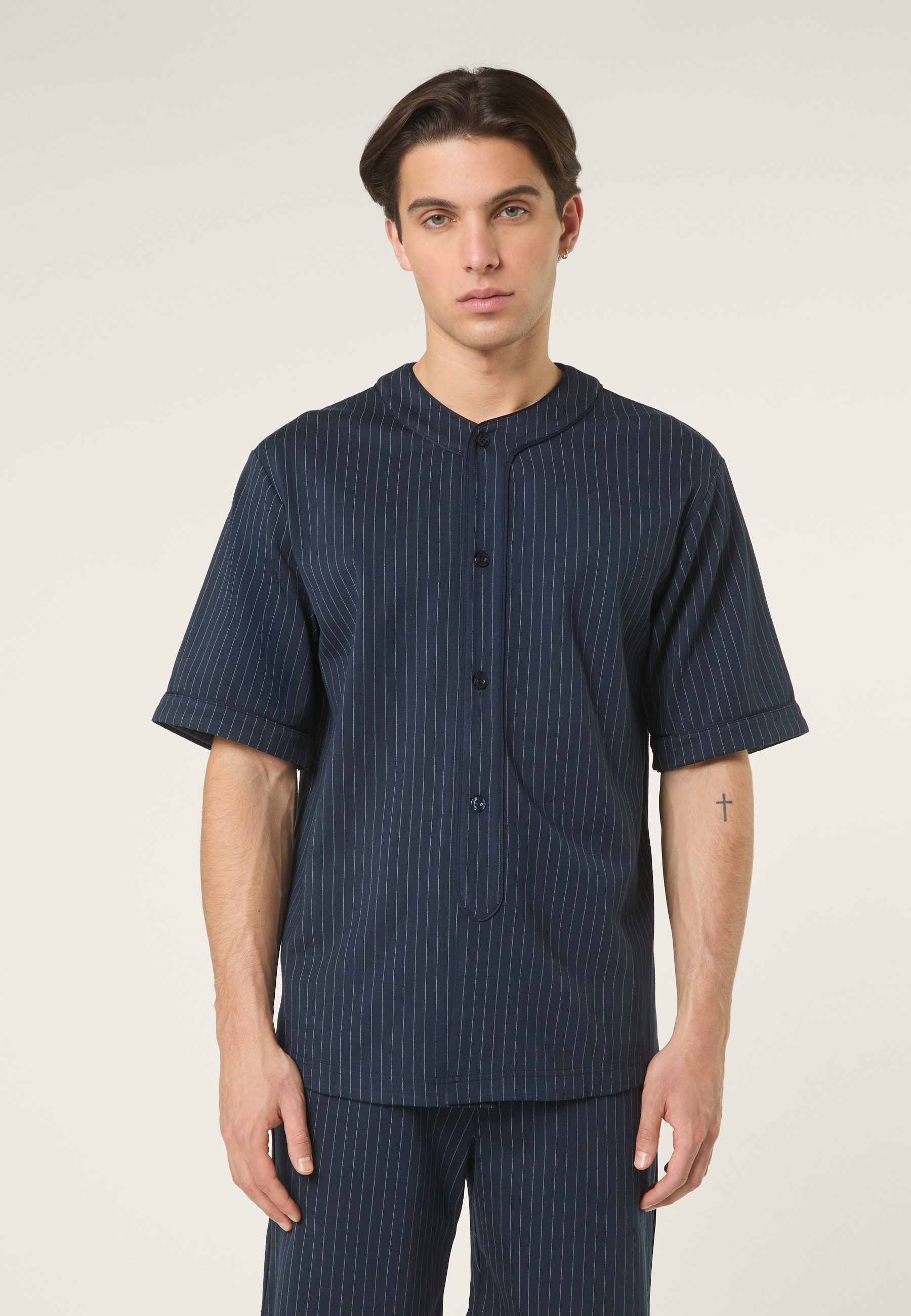 Casual Pinstripe Baseball Shirt - Iris Black / Egret Striped