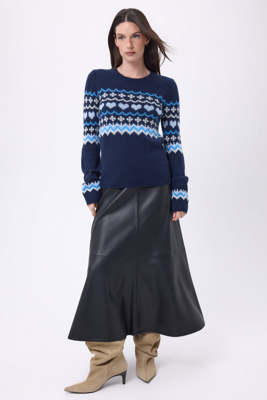 Maglione Girocollo Montagna Fanny - Blu Marino Celeste - Donna - Cashmere E Lana