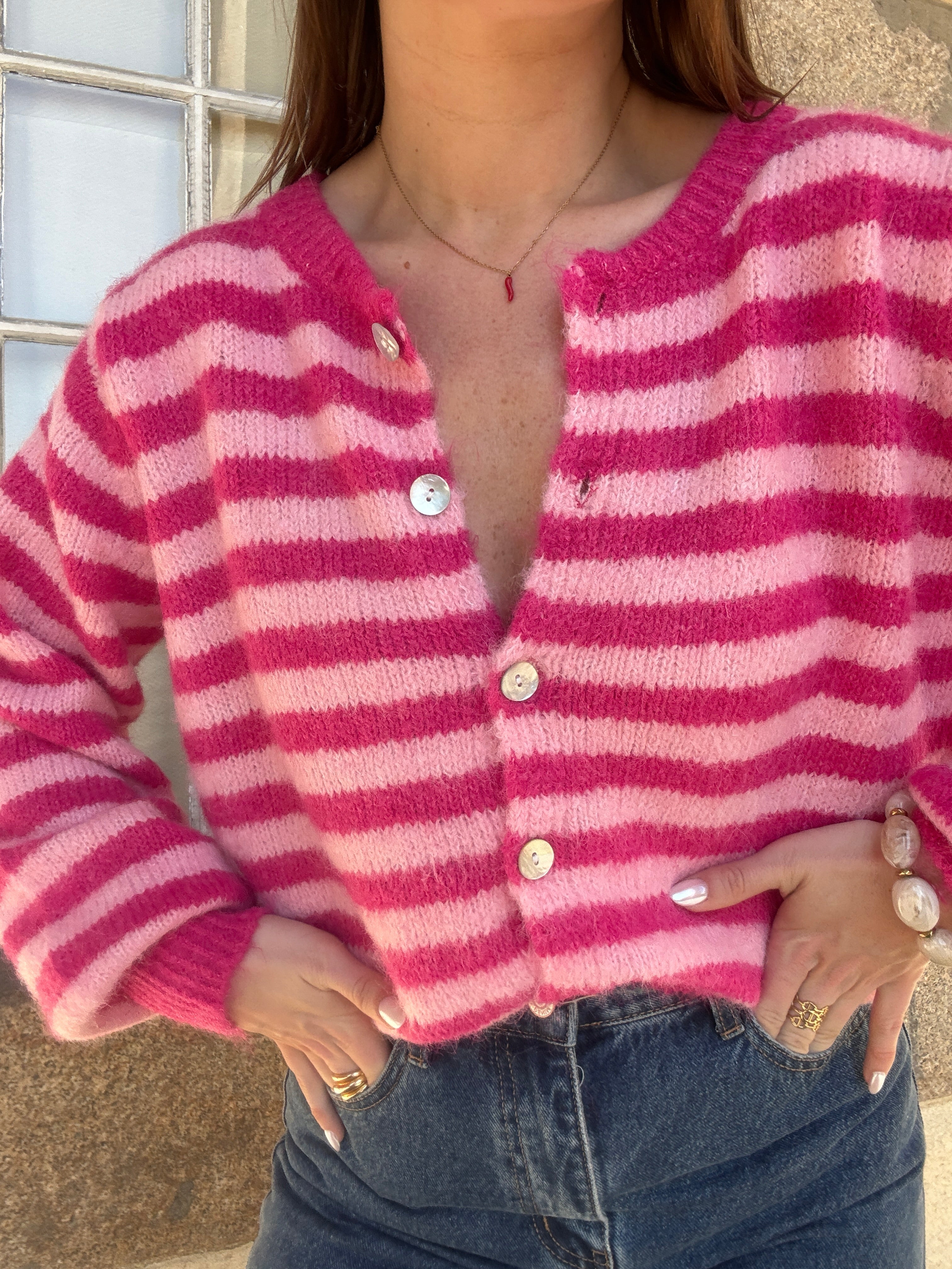 Pink And Red Striped Solela Cardigan
