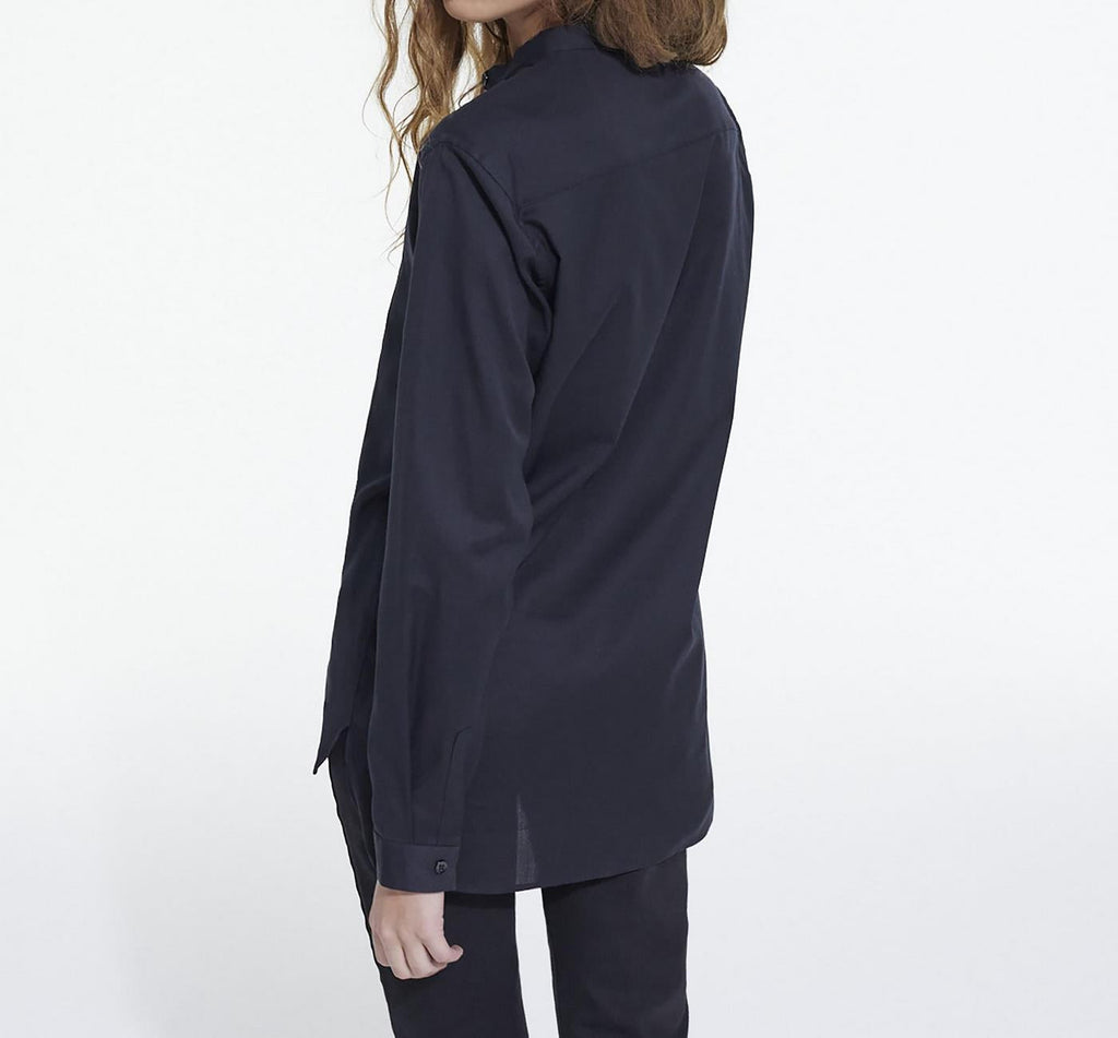 Collarless Shirt with Hidden Placket Detail - Women