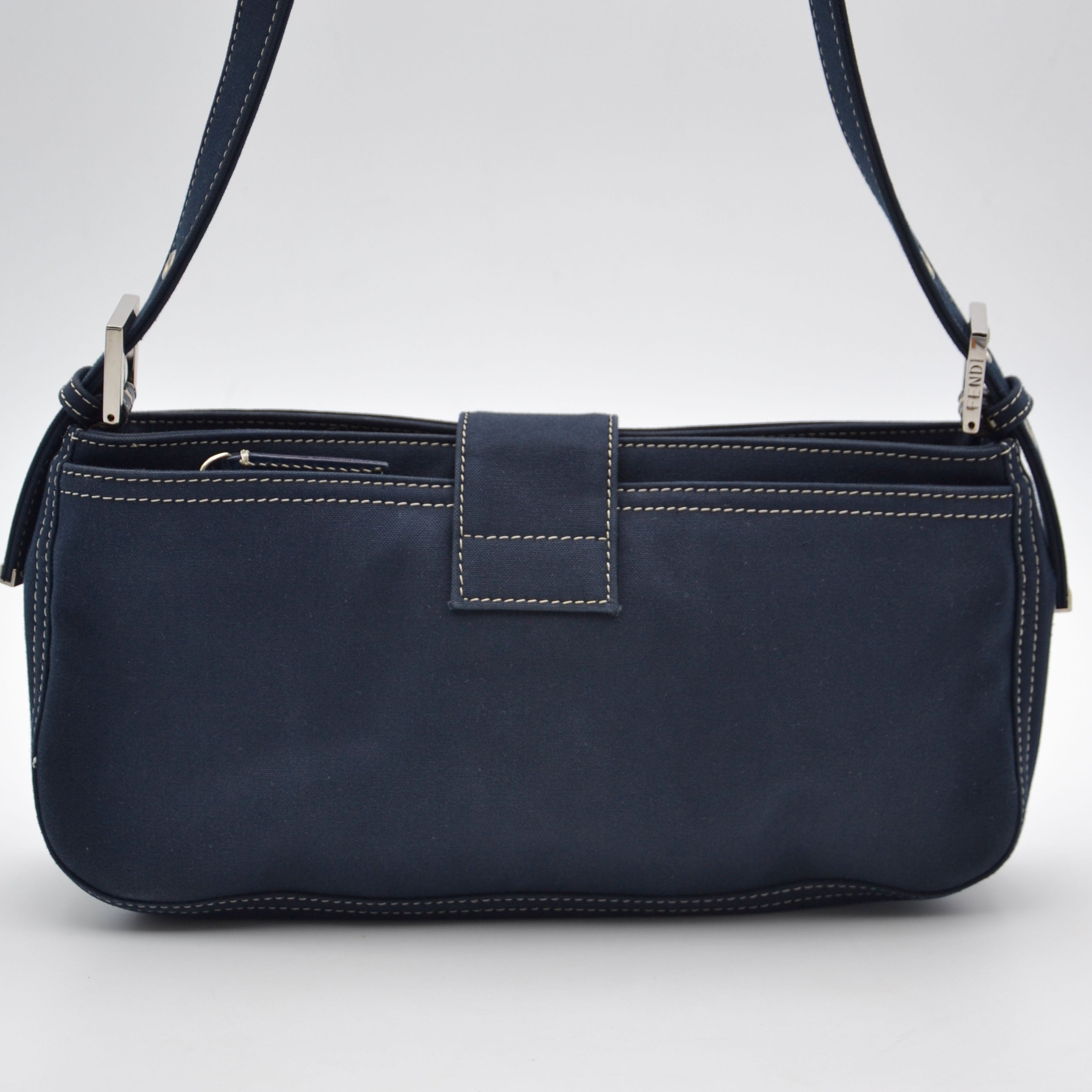 Fendi Baguette Navy Blue Canvas Vintage Enamel FF Clasp