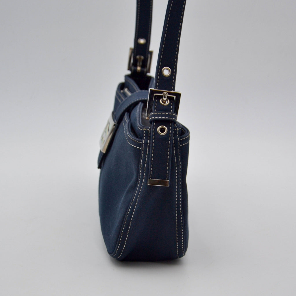 Fendi Baguette Navy Blue Canvas Vintage Enamel FF Clasp