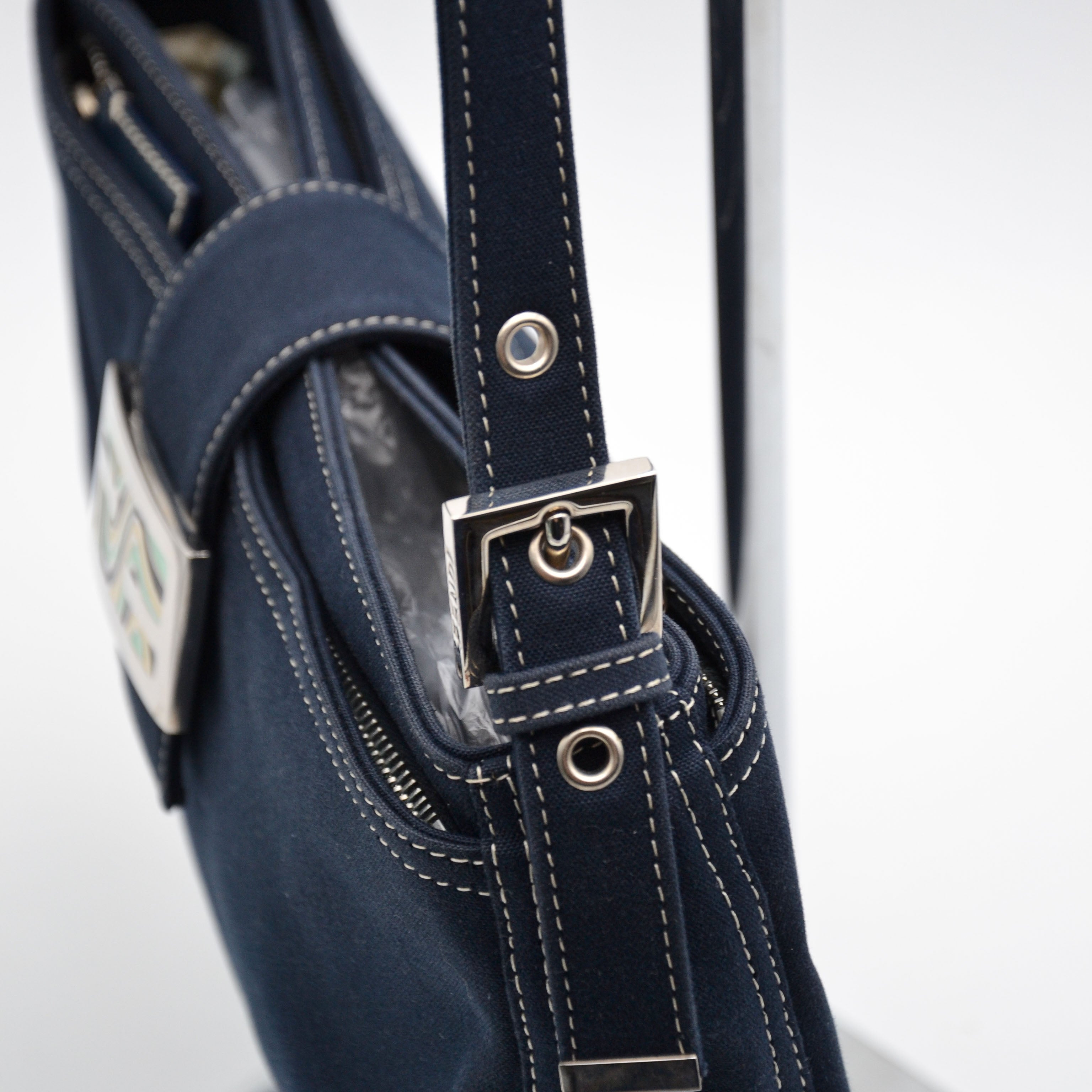Fendi Baguette Navy Blue Canvas Vintage Enamel FF Clasp