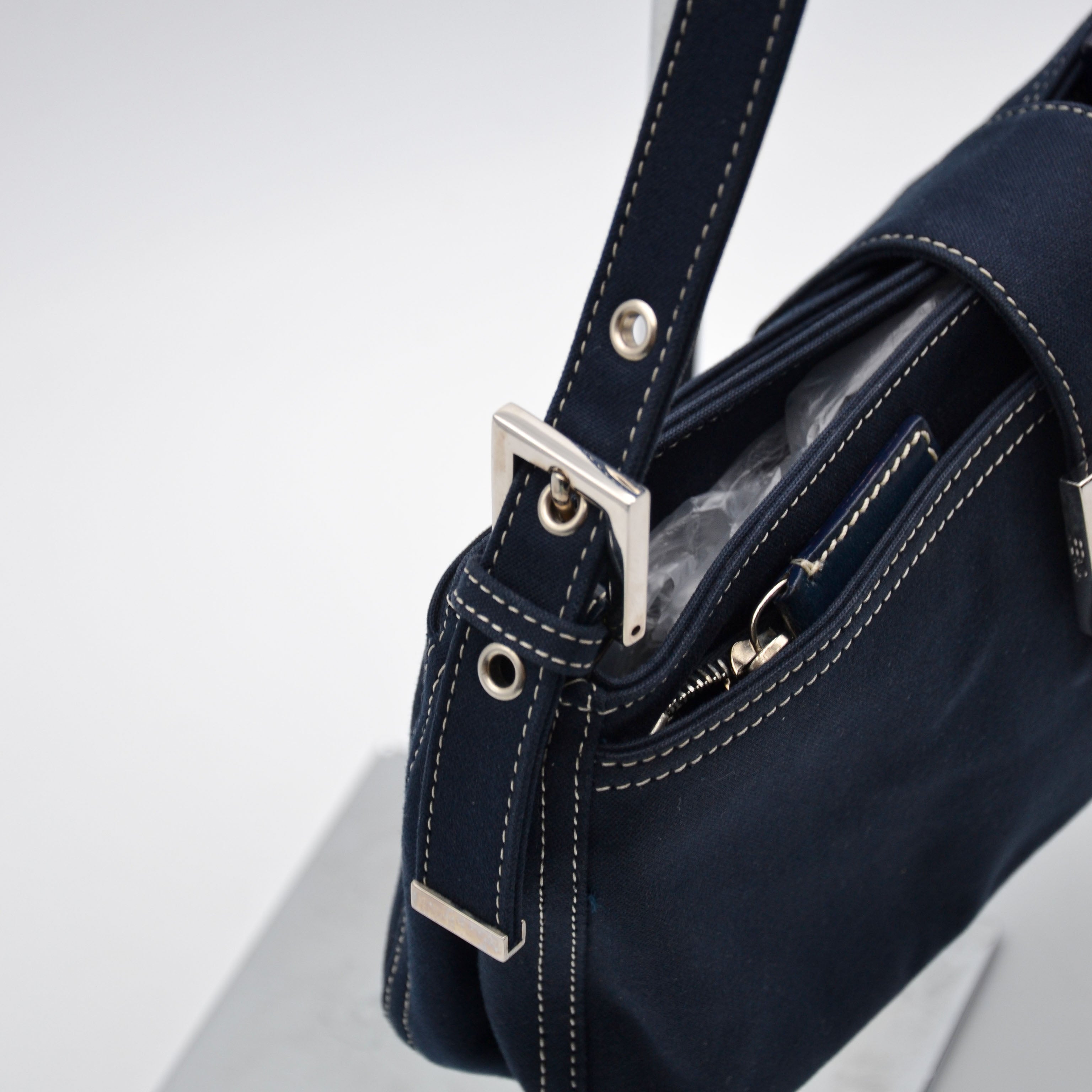 Fendi Baguette Navy Blue Canvas Vintage Enamel FF Clasp