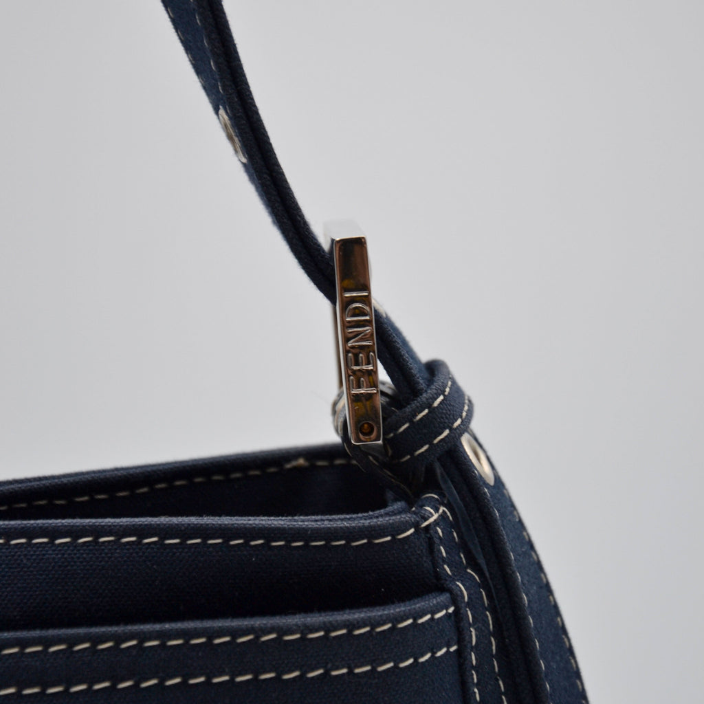 Fendi Baguette Navy Blue Canvas Vintage Enamel FF Clasp